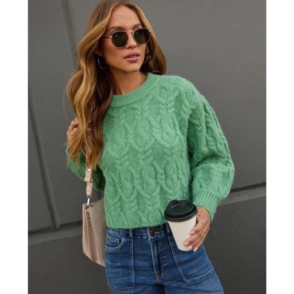 Vici Siarah Green Cable Knit Sweater Women's XL Crew Neck Ribbed Cozy Oversized‎